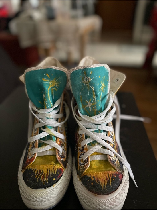 Converse Shoes - Converse Hand-Painted High-Top Sneakers, Teal & Yellow Paisley, Sz 10.